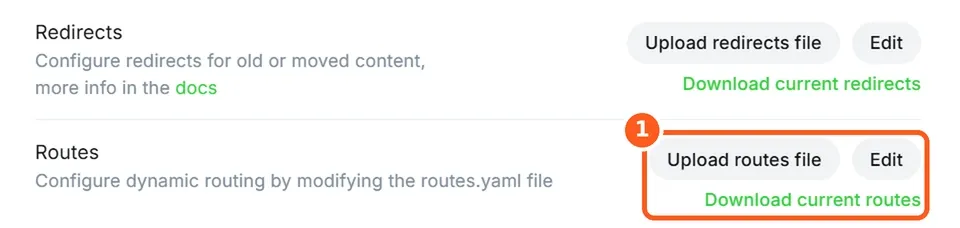 Ghost Labs settings with Upload routes file highlighted