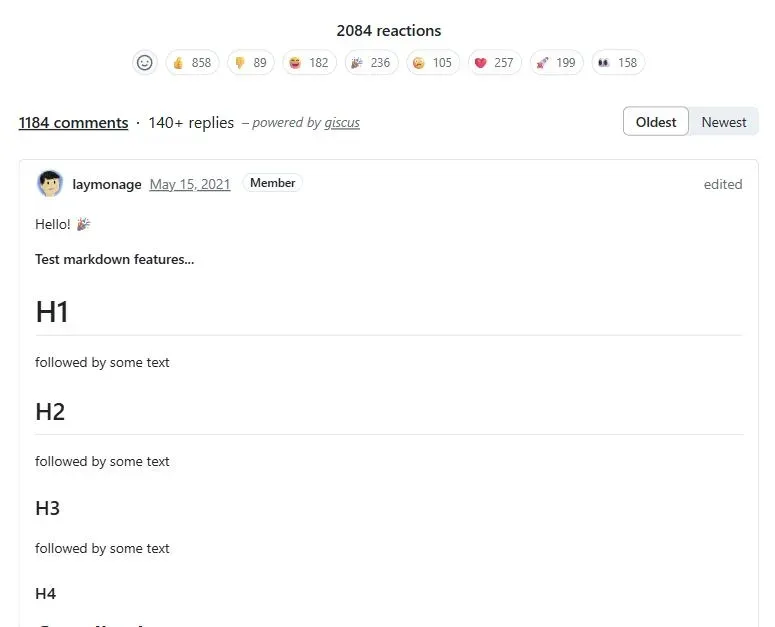 The giscus comments widget with a row of emoji reactions, a comment count and a comment written in Markdown