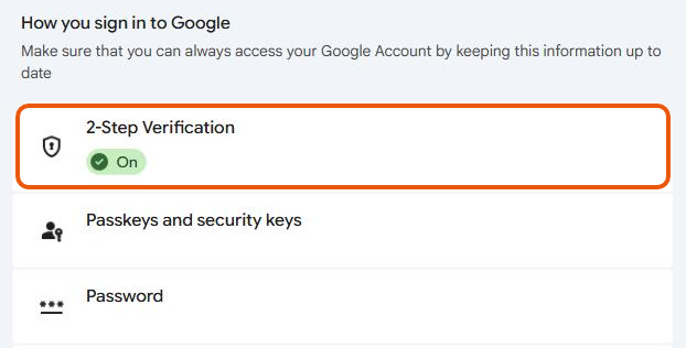 Google Account Security page with 2-Step Verification showing On