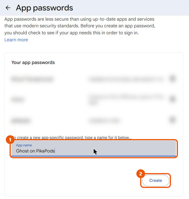 The Google App passwords page with Ghost on PikaPods typed as the app name and the Create button