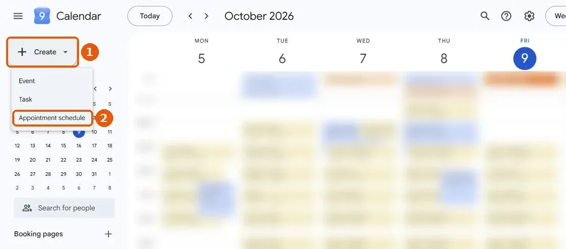 Google Calendar Create menu with the Appointment schedule option