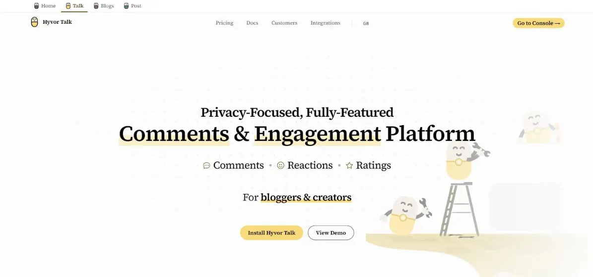 The Hyvor Talk homepage: Privacy-Focused, Fully-Featured Comments and Engagement Platform, with comments, reactions and ratings