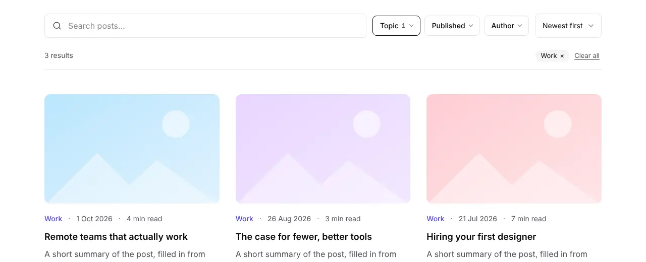 Search results filtered to the Work topic: three matching posts, with a removable Work chip above them