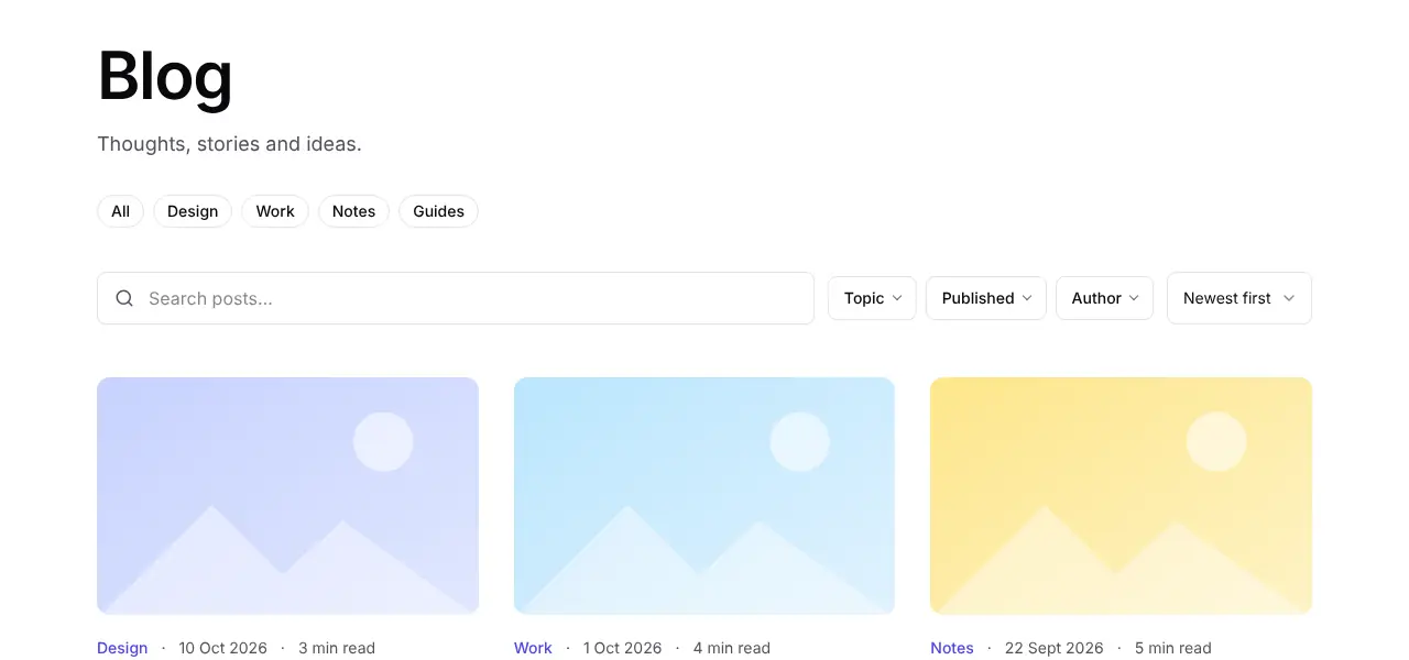 A Ghost blog page with a full-width search bar, Topic and Published filters and a sort menu above a three-column grid of posts