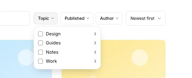 The Topic filter open, listing tags with a checkbox and a post count next to each