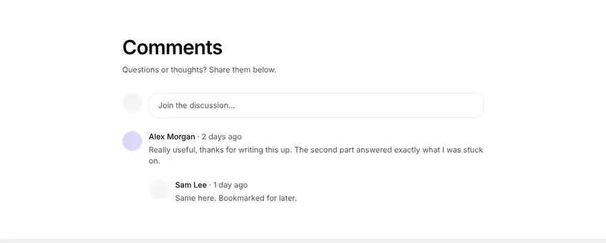 A simple comments section under a Ghost post, with a heading, a comment box and two comments