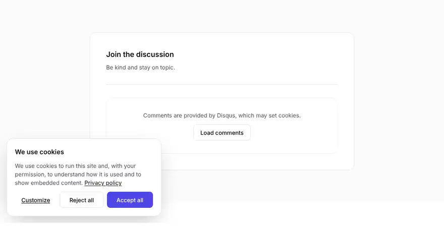 A comments section showing Comments are provided by Disqus, which may set cookies, with a Load comments button, and a cookie banner at the bottom of the page