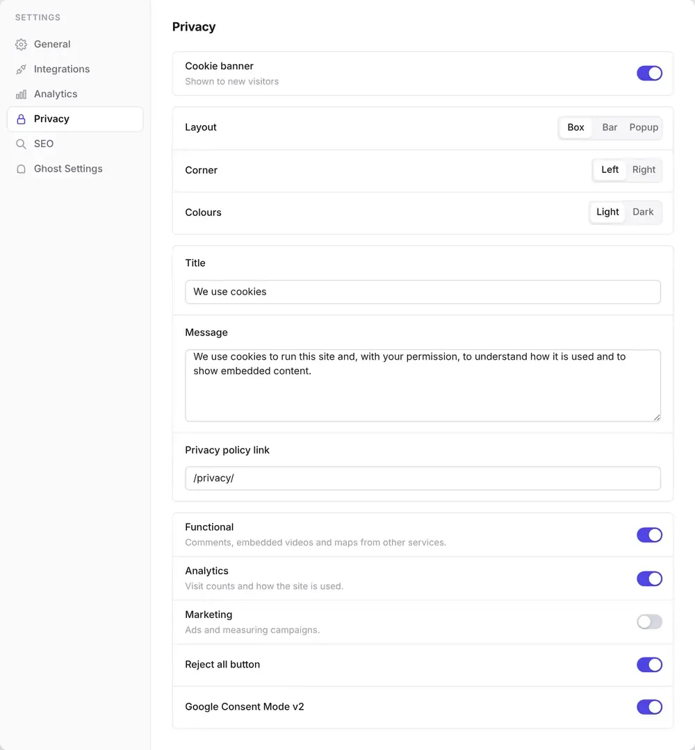 Ectobuilder Settings, Privacy tab: Cookie banner switched on, layout, corner and colour choices, title, message, privacy policy link and category switches