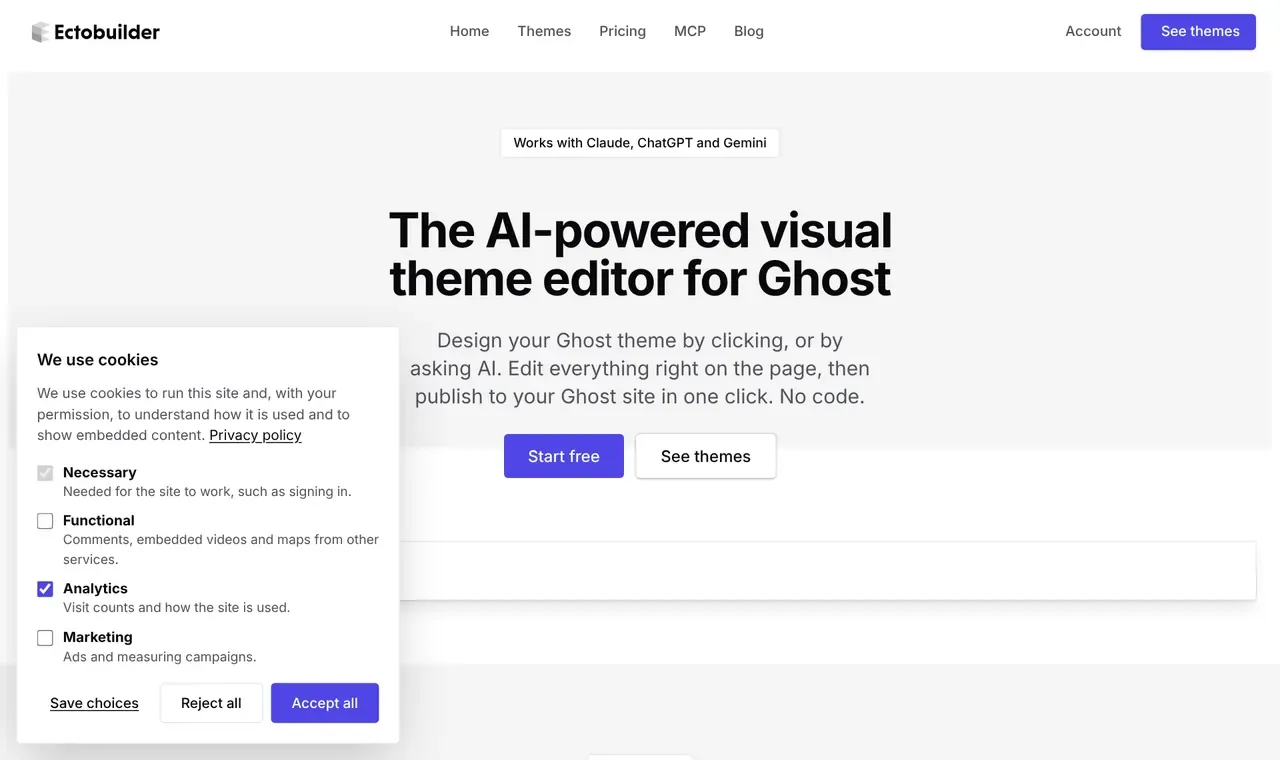 The cookie banner opened with Customize: checkboxes for Necessary, Functional, Analytics and Marketing, and Save choices, Reject all and Accept all buttons