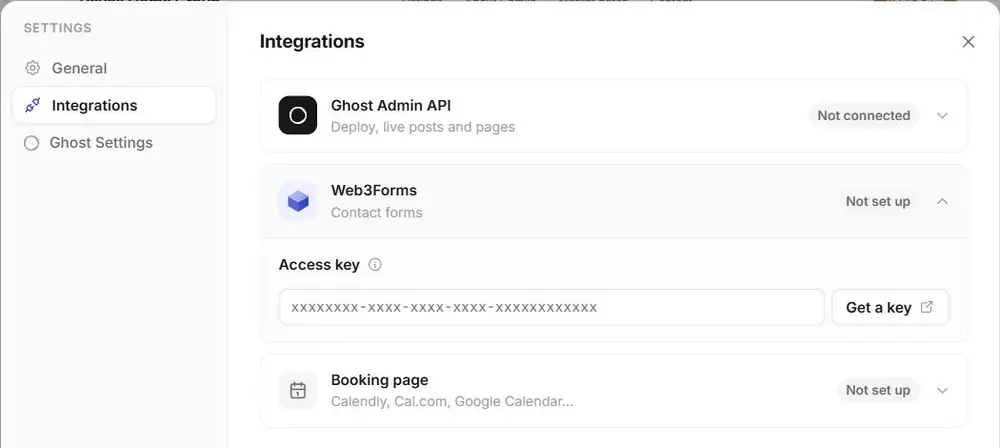 Ectobuilder Settings, Integrations tab, with the Web3Forms access key field