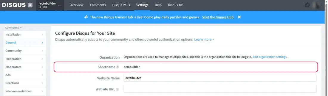 Disqus Admin, Settings, General, with the Shortname row highlighted