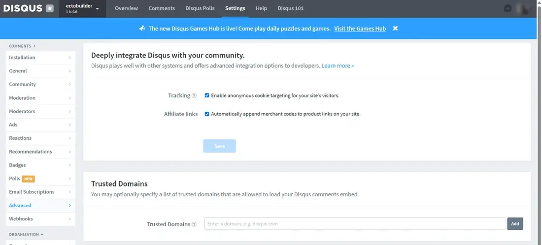 Disqus Admin, Settings, Advanced, with the Tracking and Affiliate links checkboxes and the Trusted Domains field