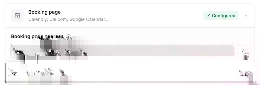 Ectobuilder Settings, Integrations, Booking page: a Cal.com address and the Open over the page switch turned on