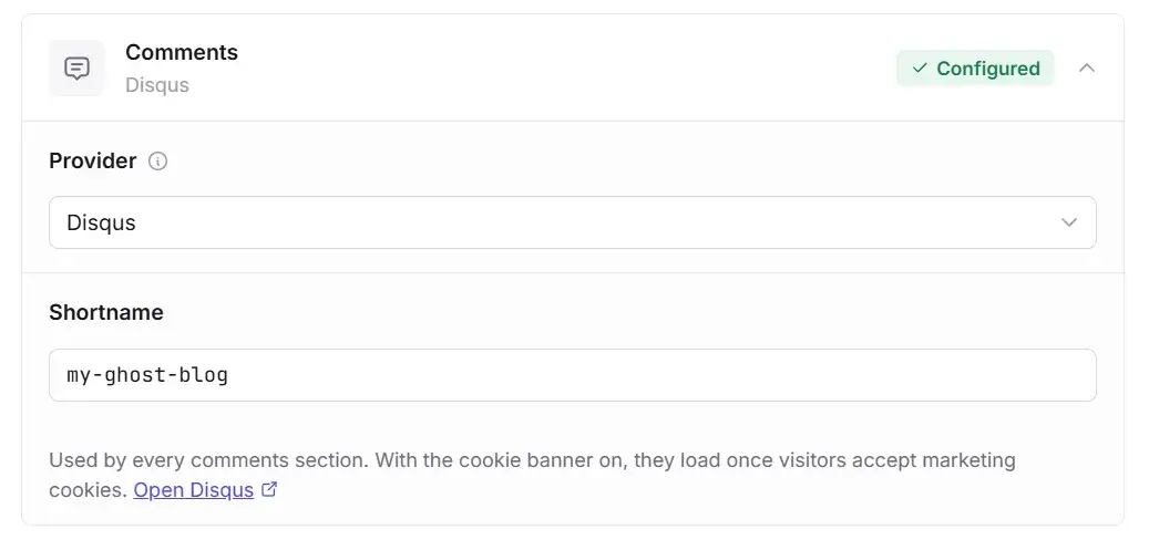 Ectobuilder Settings, Integrations, Comments: Disqus chosen as the provider, with a shortname filled in and the Configured badge