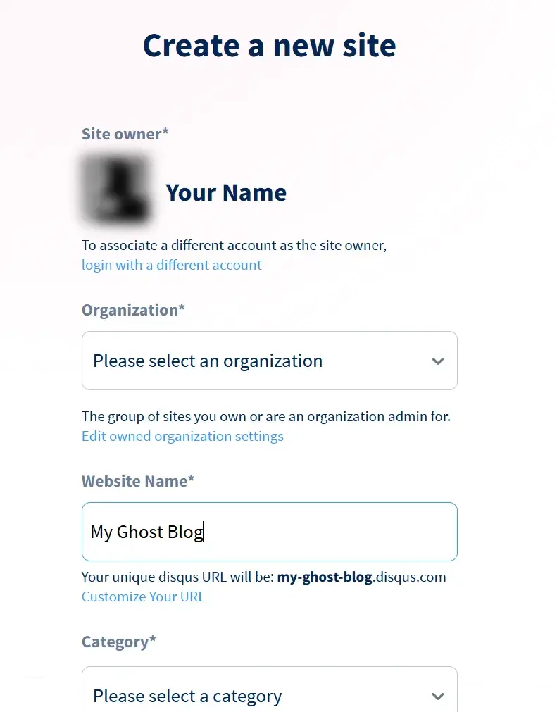 The Disqus Create a new site form with My Ghost Blog as the website name and the shortname my-ghost-blog shown below it