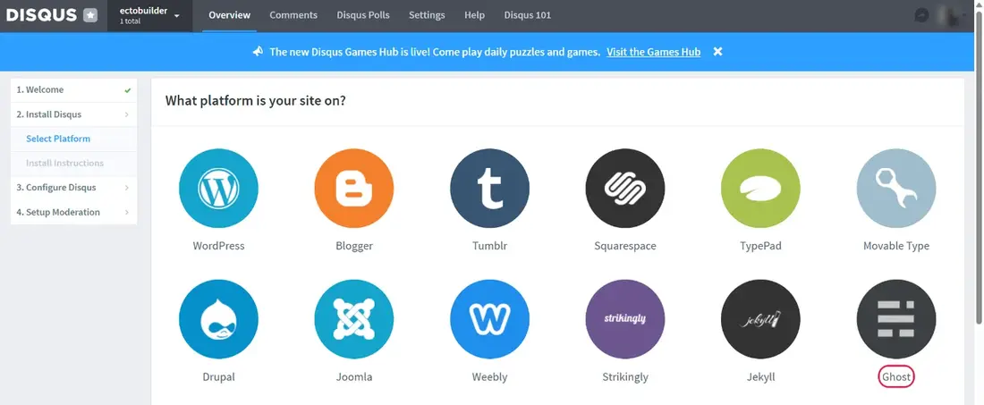 The Disqus platform picker with Ghost highlighted among WordPress, Blogger, Squarespace, Jekyll and others