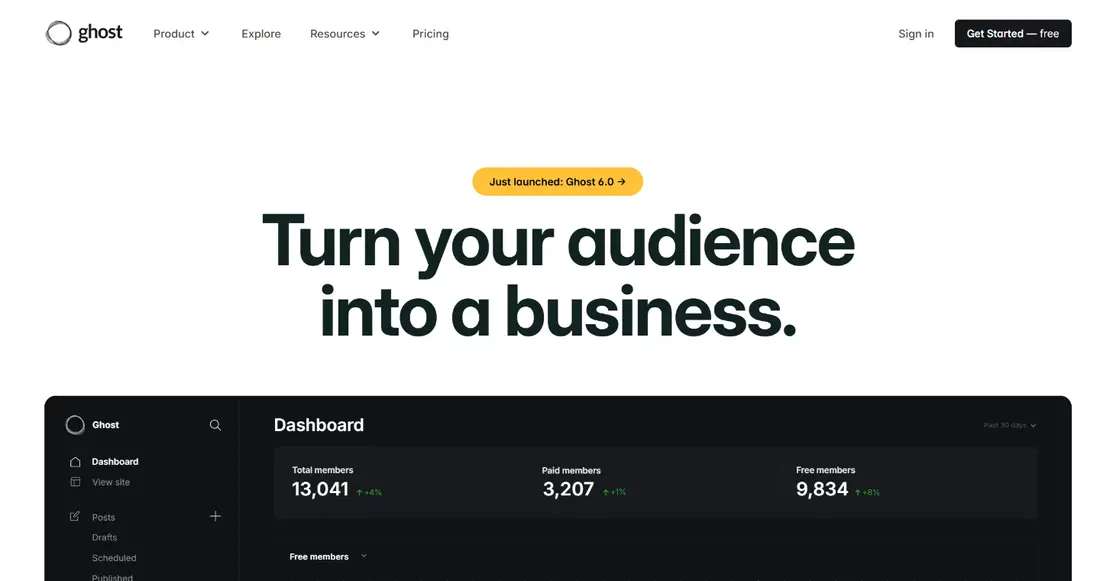 Ghost homepage hero: Turn your audience into a business
