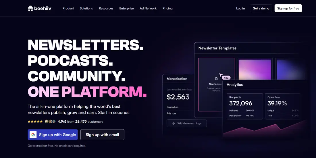 beehiiv homepage hero: Newsletters. Podcasts. Community. One platform.