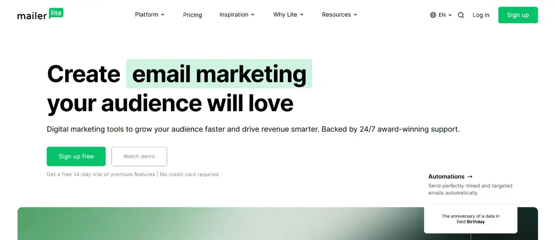 MailerLite homepage hero: Create email marketing your audience will love