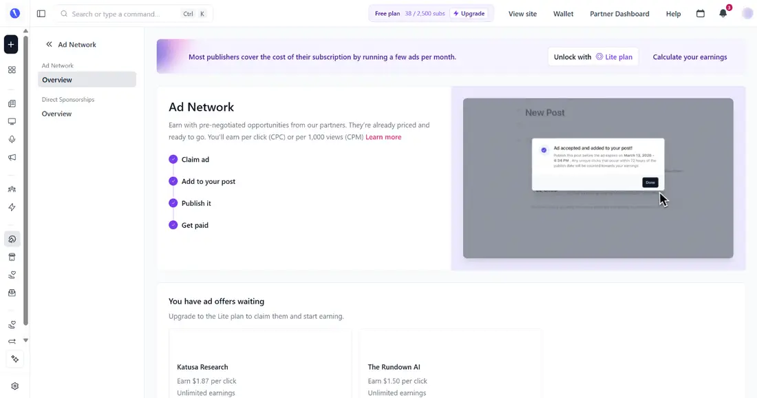 beehiiv Ad Network page inside a beehiiv account, with ad offers paying per click