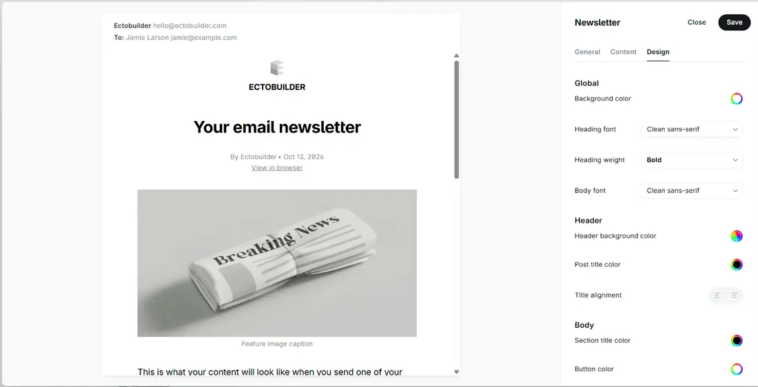 Ghost Admin newsletter design settings with a live email preview