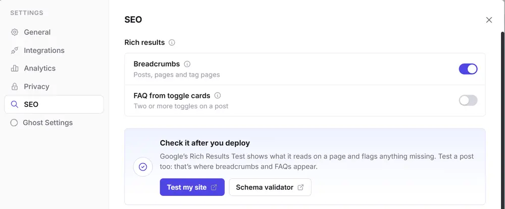 Ectobuilder SEO settings with the Breadcrumbs toggle switched on under Rich results