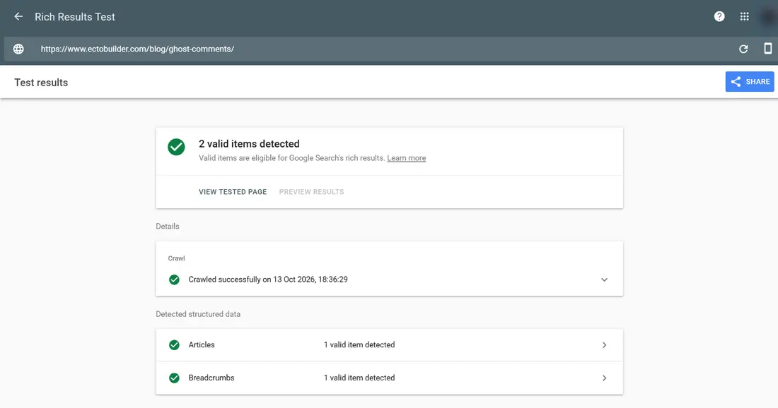 Google Rich Results Test showing 2 valid items: Articles and Breadcrumbs