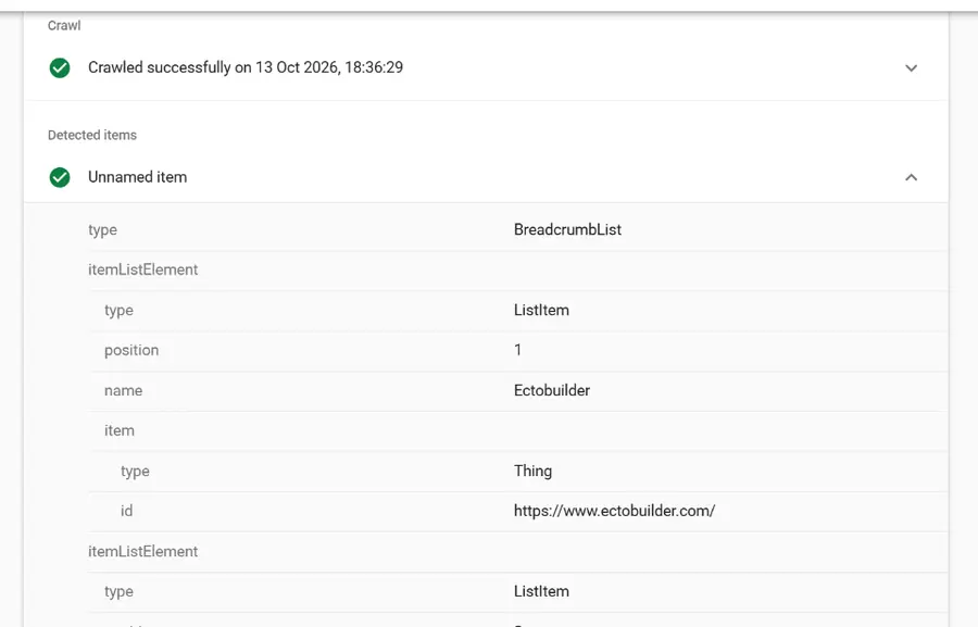 Rich Results Test detail showing a BreadcrumbList with ListItem entries