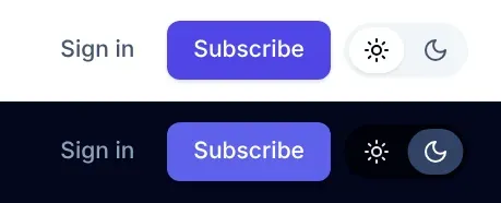 The sun and moon switch in a header, in light and dark mode