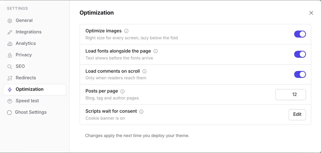 Ectobuilder Optimization settings: Optimize images, Load fonts alongside the page, Load comments on scroll, Posts per page, Scripts wait for consent