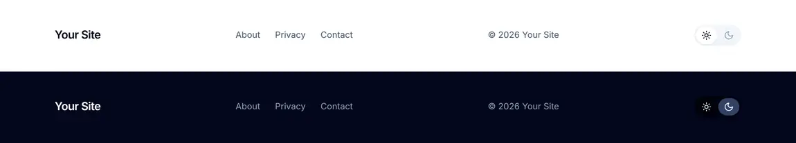 A footer with the switch next to the copyright line, in light and dark mode