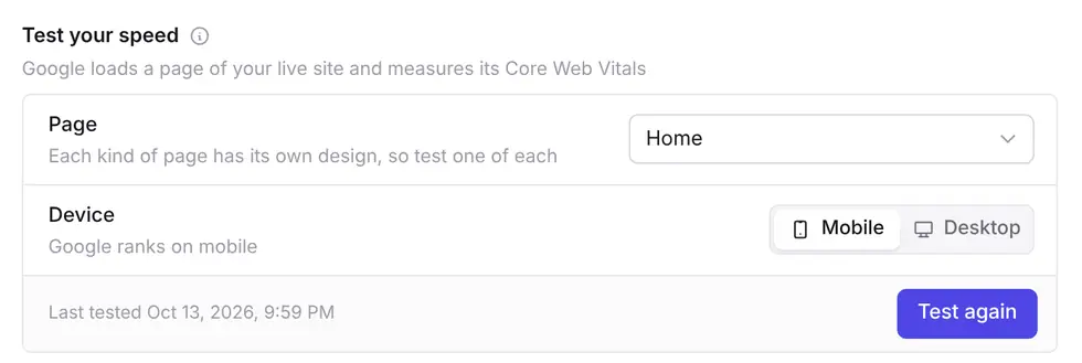 Ectobuilder Speed test settings with a page picker, a Mobile and Desktop switch and a Test speed button