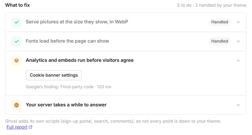 What to fix list: two items handled by the theme, and open items for analytics running before consent and a slow server
