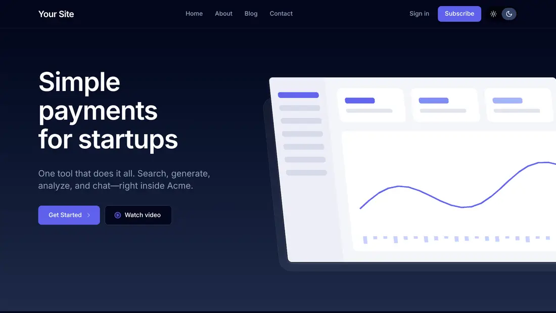 The same page in dark mode, with backgrounds tinted toward the brand's purple