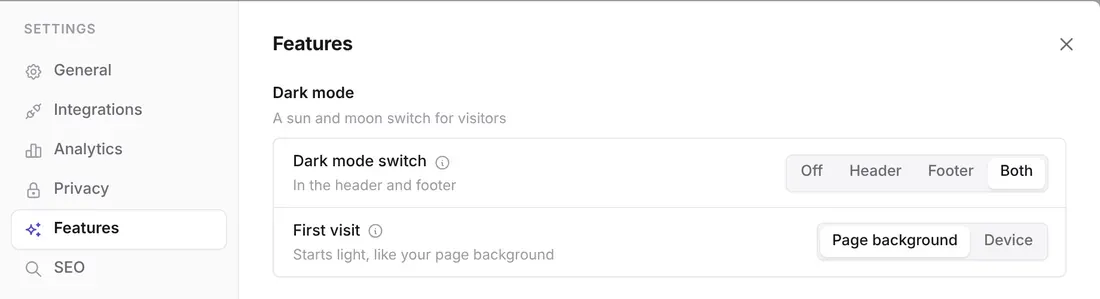 Ectobuilder Settings, Features tab, with Dark mode switch set to Both and First visit set to Page background