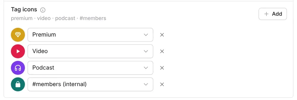 Tag icons settings in Ectobuilder with four rows: Premium with a gold diamond, Video with a red play button, Podcast with purple headphones, and the internal #members tag with a green lock
