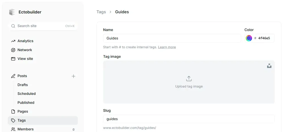 Editing a tag in Ghost Admin: Tags is selected in the sidebar, and the tag form shows the Name field with a Color field next to it