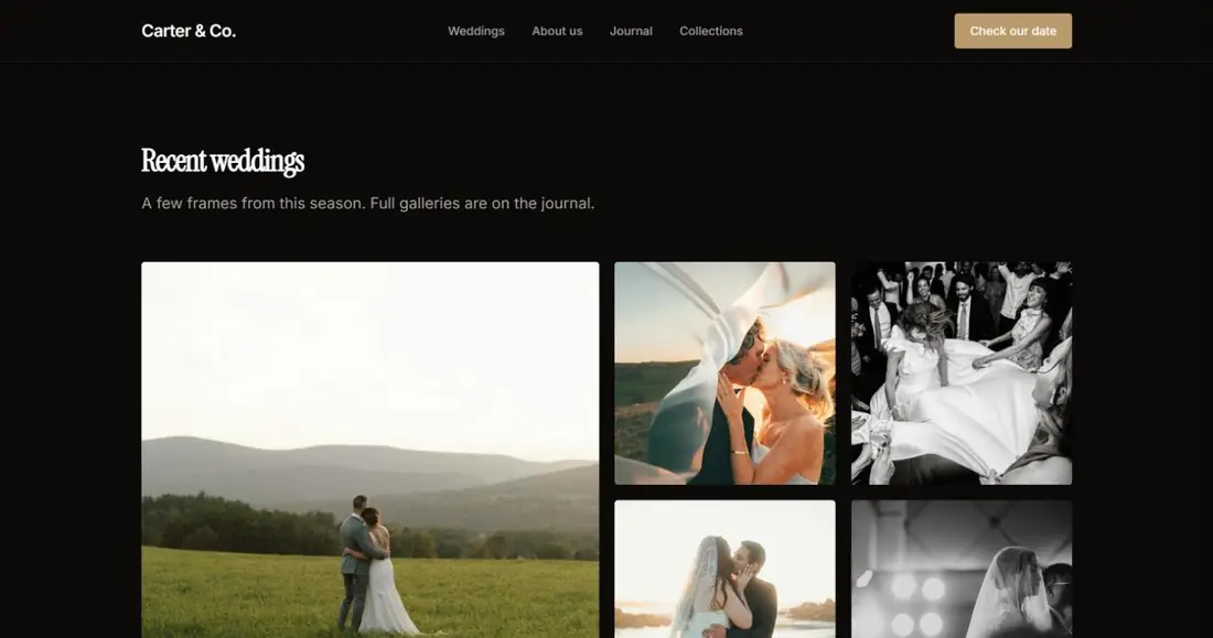 A wedding photographer's blog post with a gallery of five photos; the mouse pointer over one of them shows a magnifying glass