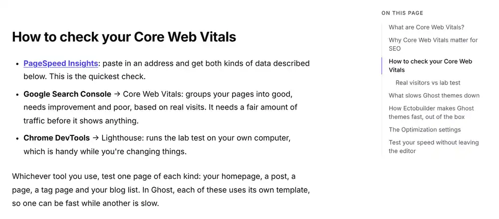 A long post with a sticky On this page list on the right; the heading currently on screen, How to check your Core Web Vitals, is highlighted in the list
