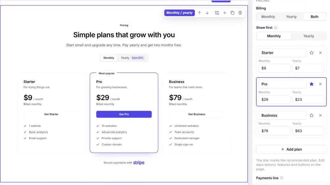 The Ectobuilder editor with a pricing section selected; the right panel shows Billing set to Both, Show first set to Monthly, three plans named Starter, Pro and Business with monthly and yearly prices, Pro starred as recommended, an Add plan button and Payments line set to Stripe
