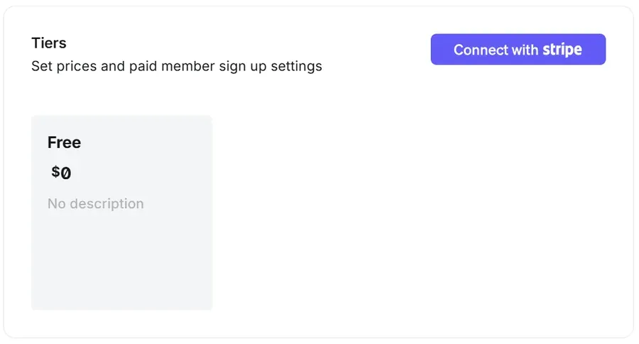 The Tiers card in Ghost Admin settings, with a Connect with Stripe button and the Free tier