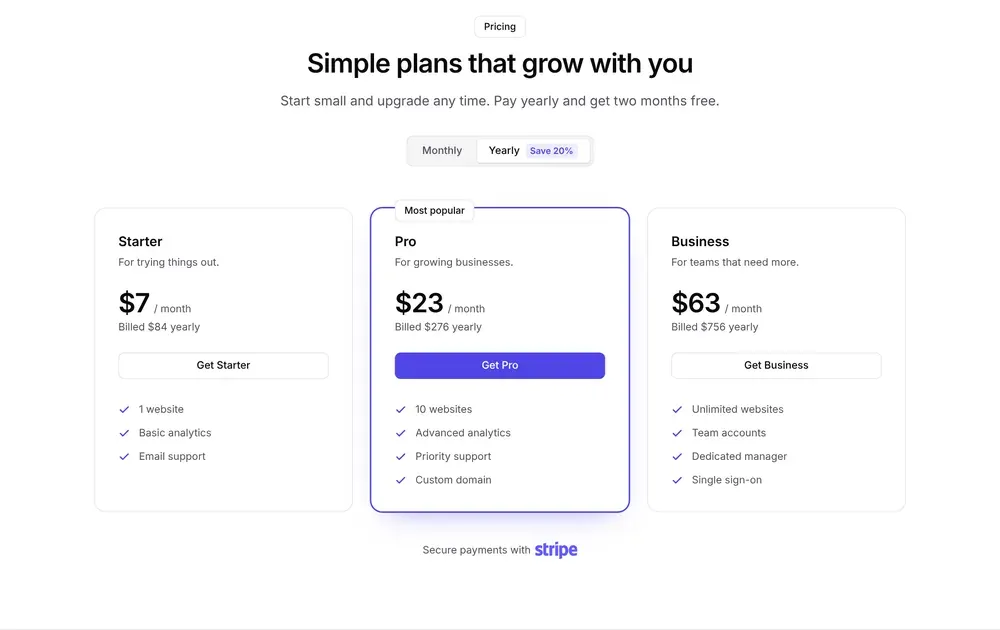 A pricing table with three plans, Starter, Pro and Business, a Monthly and Yearly switch set to Yearly with a Save 20% badge, the Pro plan marked Most popular, and a Secure payments with Stripe line underneath