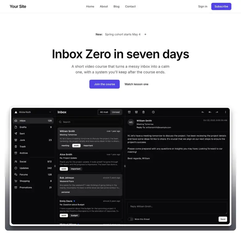 A landing page for an email course called Inbox Zero in seven days, with a headline, two buttons and a large app screenshot, followed by a row of logos