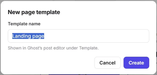 The New page template dialog with Landing page typed in the Template name field and Cancel and Create buttons