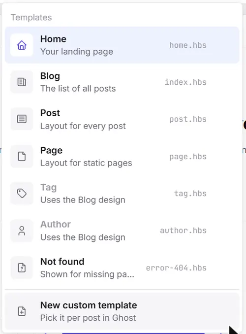 The Ectobuilder page menu listing Home, Blog, Post, Page, Tag, Author and Not found with their file names, and New custom template at the bottom
