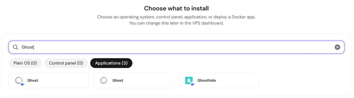 Hostinger 'Choose what to install' screen with Ghost typed in the search box and two Ghost applications listed