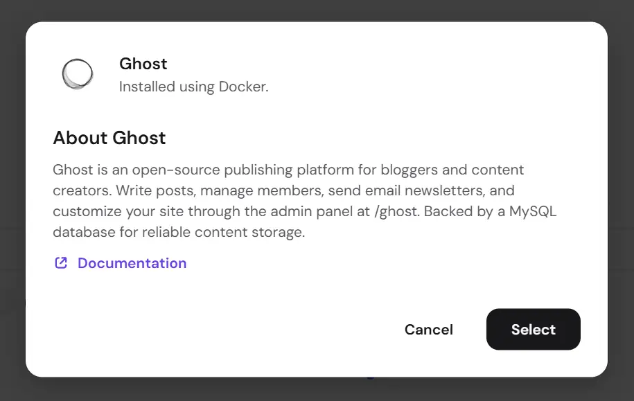 Dialog: Ghost, installed using Docker, with Select button