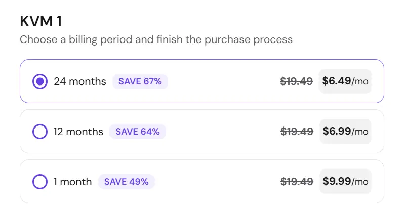 KVM 1 billing periods: 24 months $6.49/mo, 12 months $6.99/mo, 1 month $9.99/mo