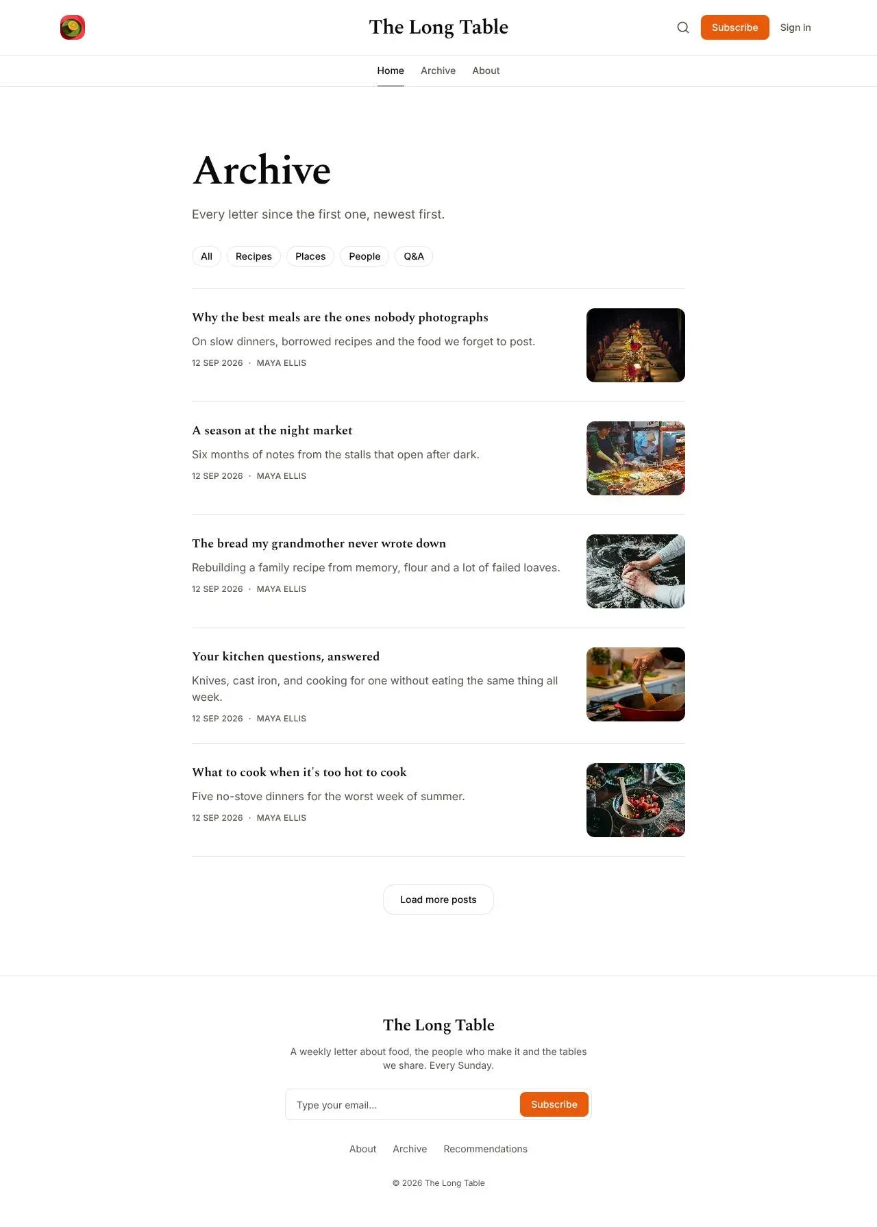 The Newsletter theme archive page with a list of posts and tag tabs