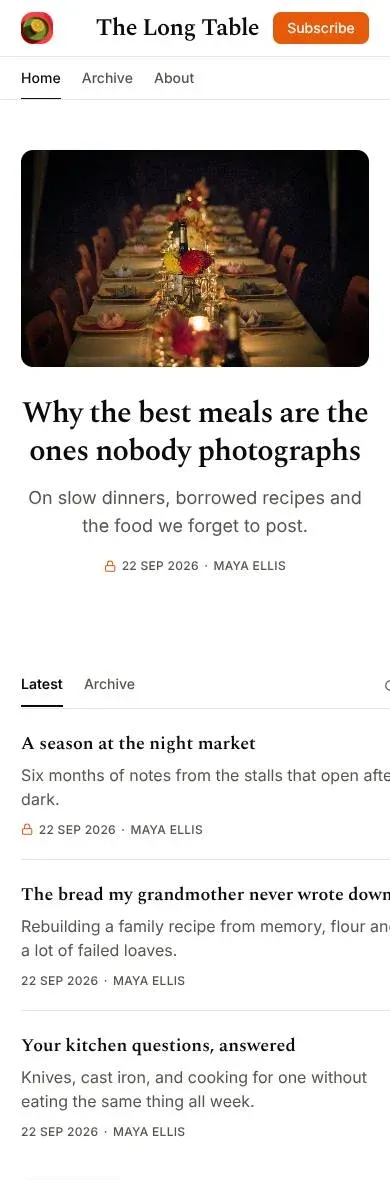 The Newsletter theme on a phone: masthead with a Subscribe button, the lead story and the latest posts